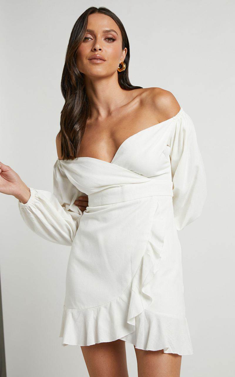 Showpo Can't Move On Mini Dress - Linen Look Off Shoulder Dress White Linen Look | NTLXSE467