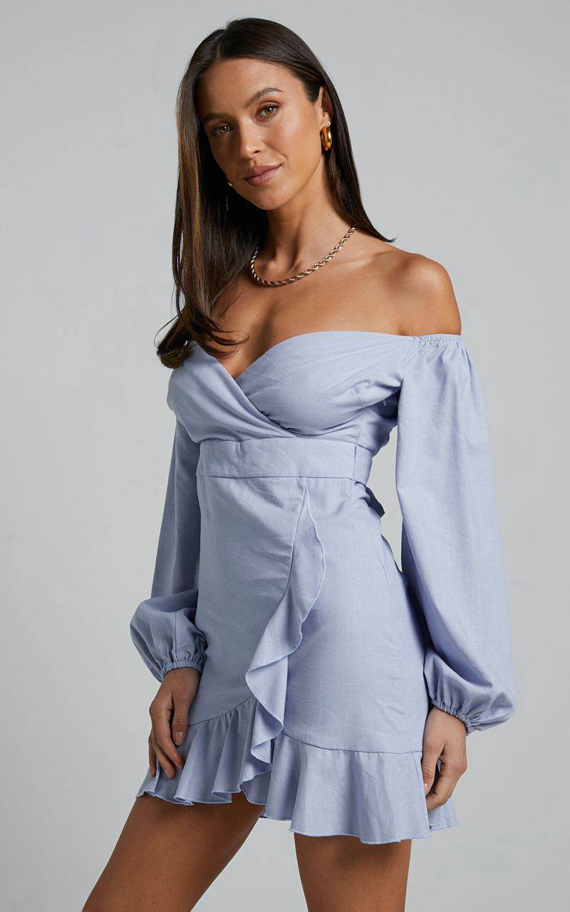 Showpo Can't Move On Mini Dress - Linen Look Off Shoulder Dress Powder Blue Linen Look | AQXTUS594