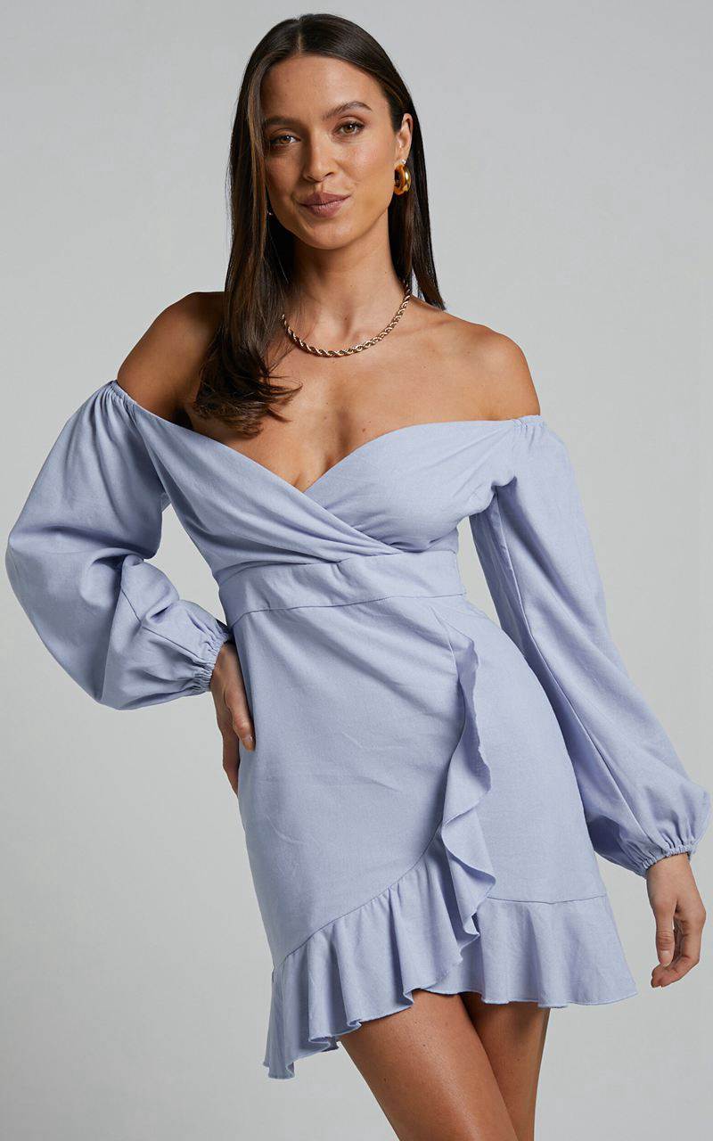 Showpo Can't Move On Mini Dress - Linen Look Off Shoulder Dress Powder Blue Linen Look | AQXTUS594