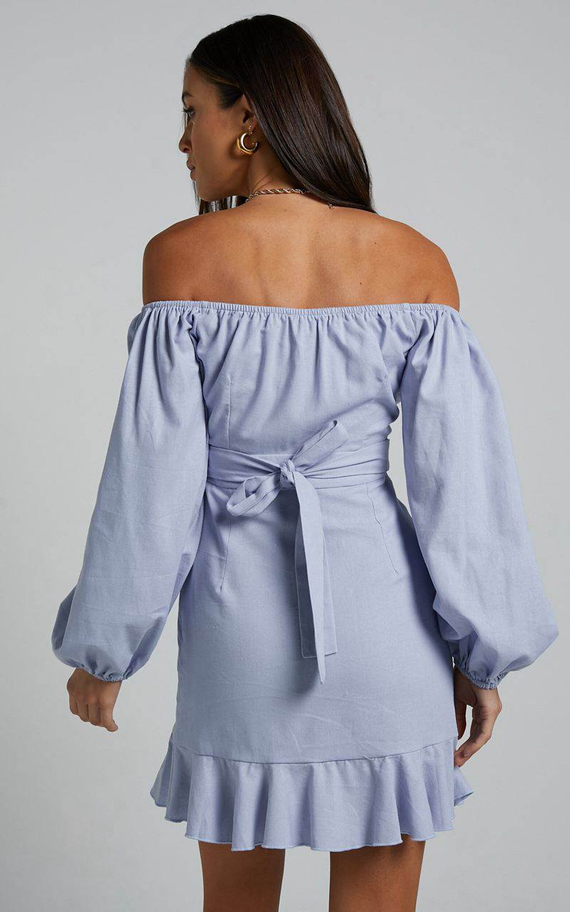 Showpo Can't Move On Mini Dress - Linen Look Off Shoulder Dress Powder Blue Linen Look | AQXTUS594