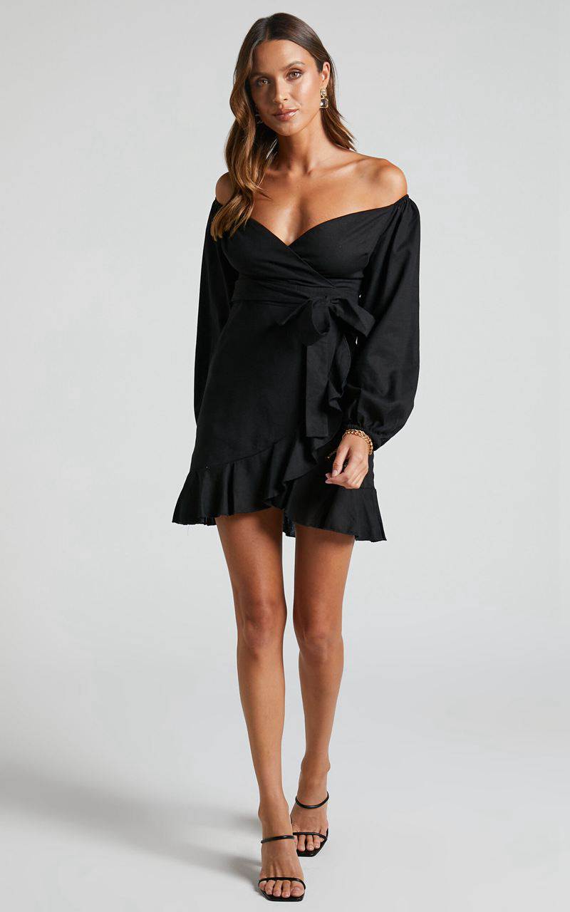 Showpo Can't Move On Mini Dress - Linen Look Off Shoulder Dress Black Linen Look | SMFWPH834