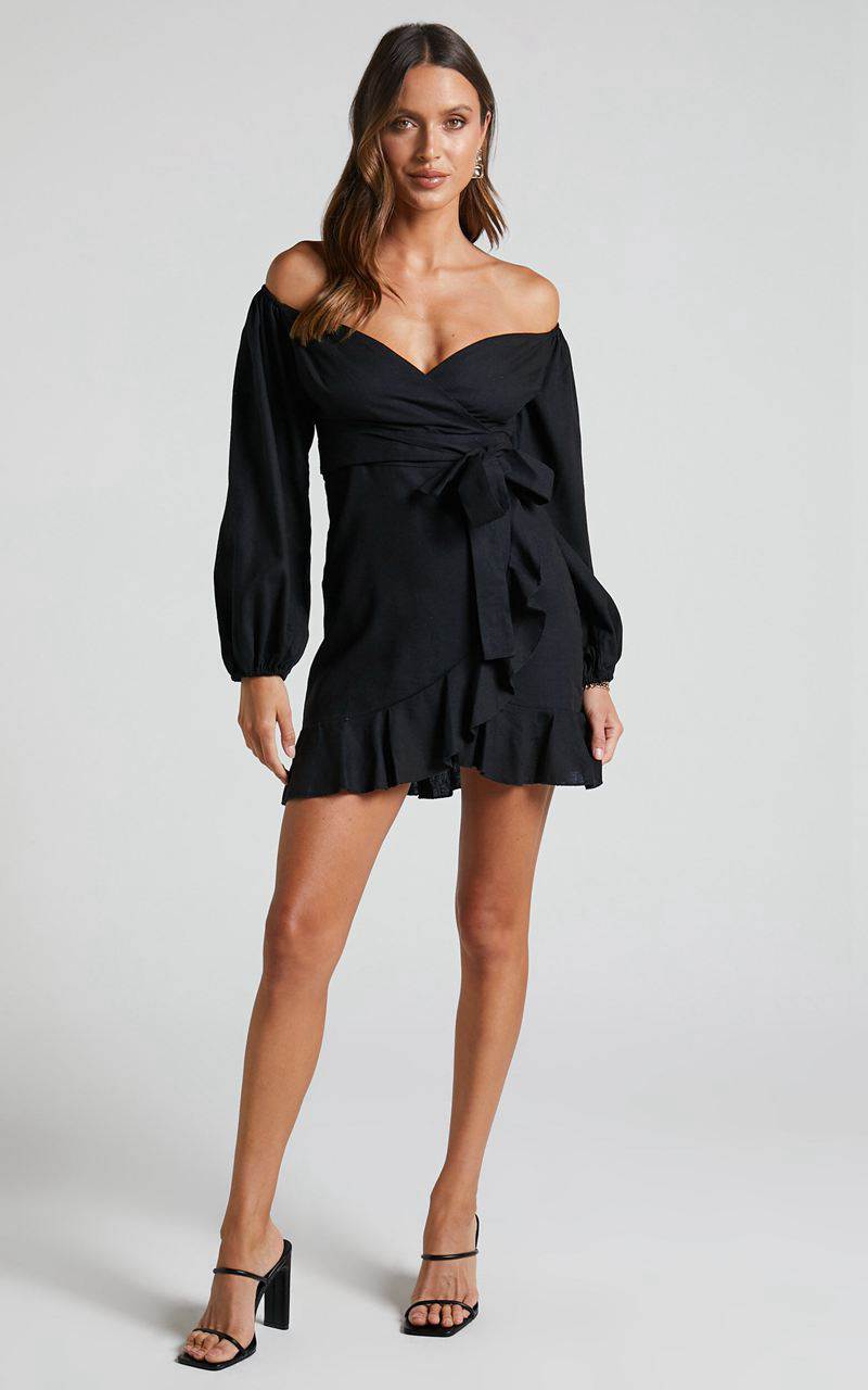 Showpo Can't Move On Mini Dress - Linen Look Off Shoulder Dress Black Linen Look | SMFWPH834