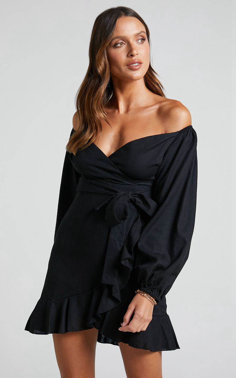 Showpo Can\'t Move On Mini Dress - Linen Look Off Shoulder Dress Black Linen Look | SMFWPH834