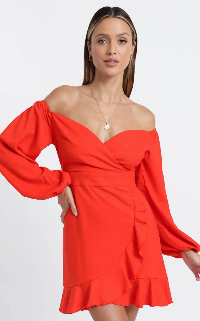 Showpo Cant Move On Off Shoulder Mini Dress Tangerine Linen Look | HKSAMY704