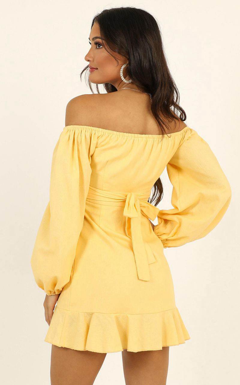 Showpo Cant Move On Off Shoulder Mini Dress Lemon Linen Look | IJHDWG918