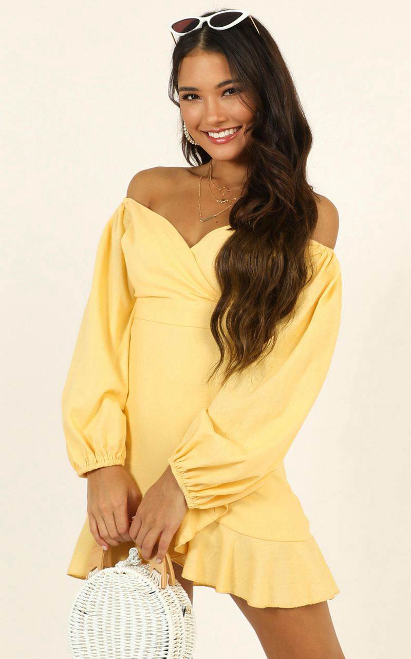 Showpo Cant Move On Off Shoulder Mini Dress Lemon Linen Look | IJHDWG918