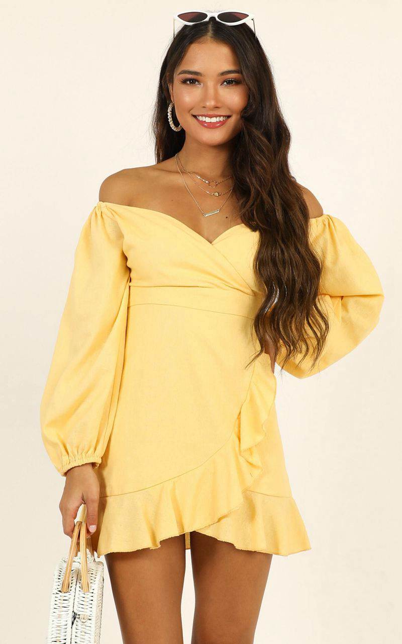 Showpo Cant Move On Off Shoulder Mini Dress Lemon Linen Look | IJHDWG918