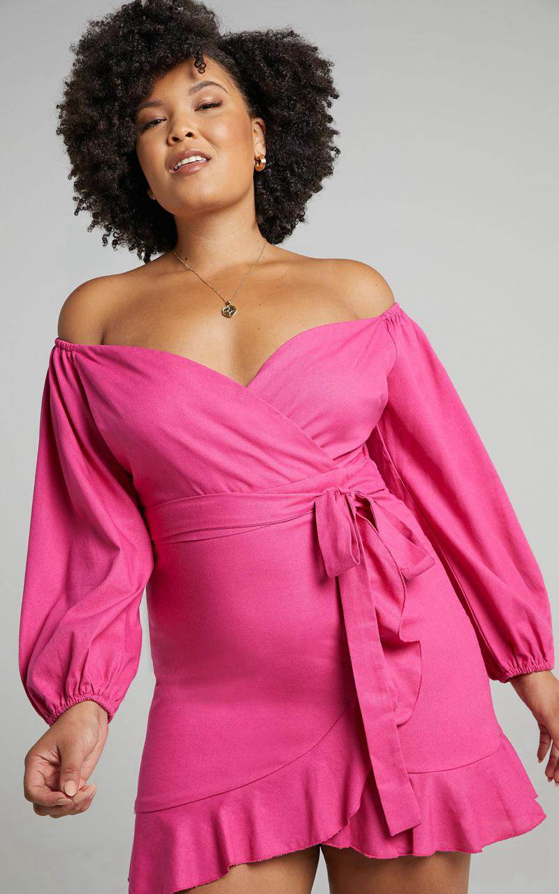 Showpo Cant Move On Off Shoulder Mini Dress Hot Pink Linen Look | GWZKFO178