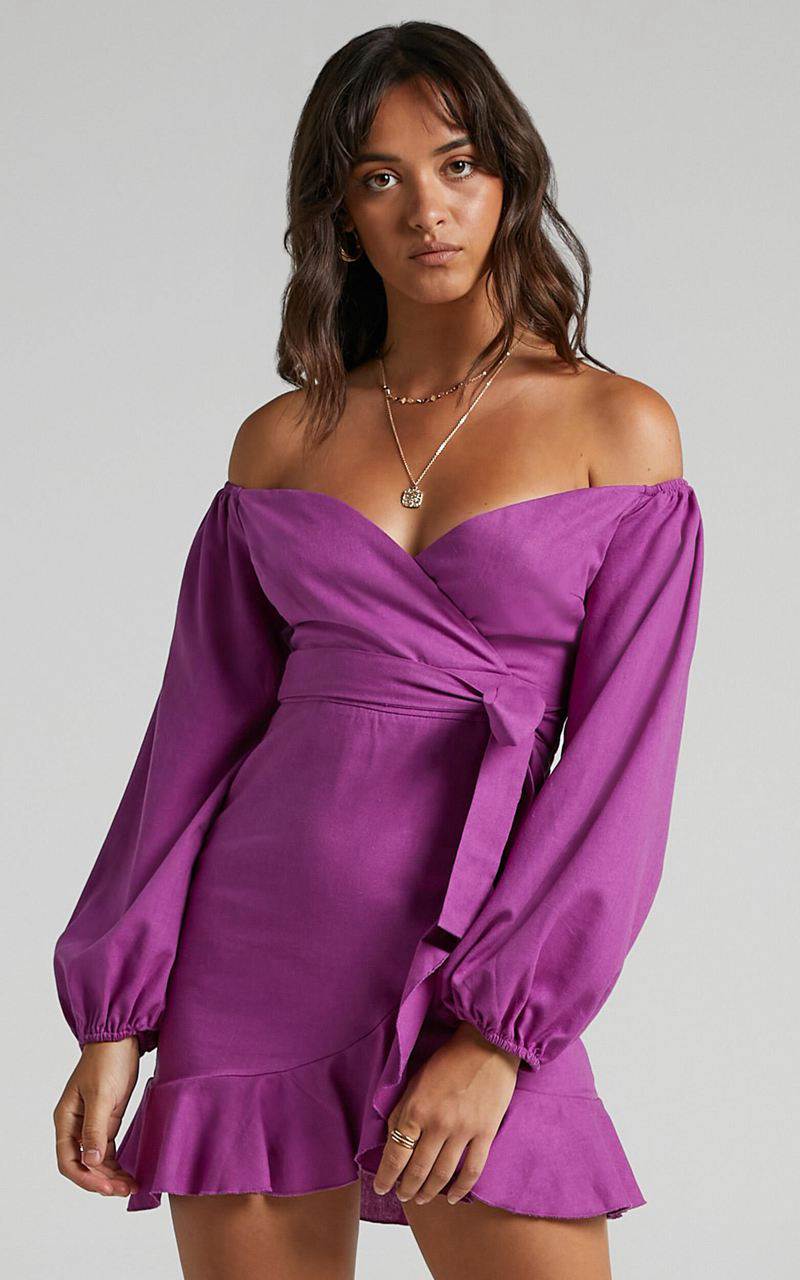 Showpo Cant Move On Off Shoulder Mini Dress Dark Orchid | FBIGEY248