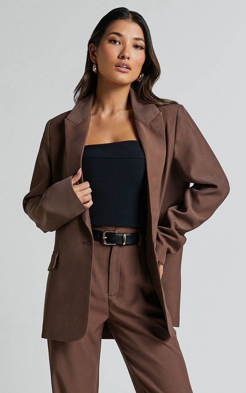 Showpo Caralina Blazer - Oversized Single Breasted Blazer Chocolate | FAPYRC150