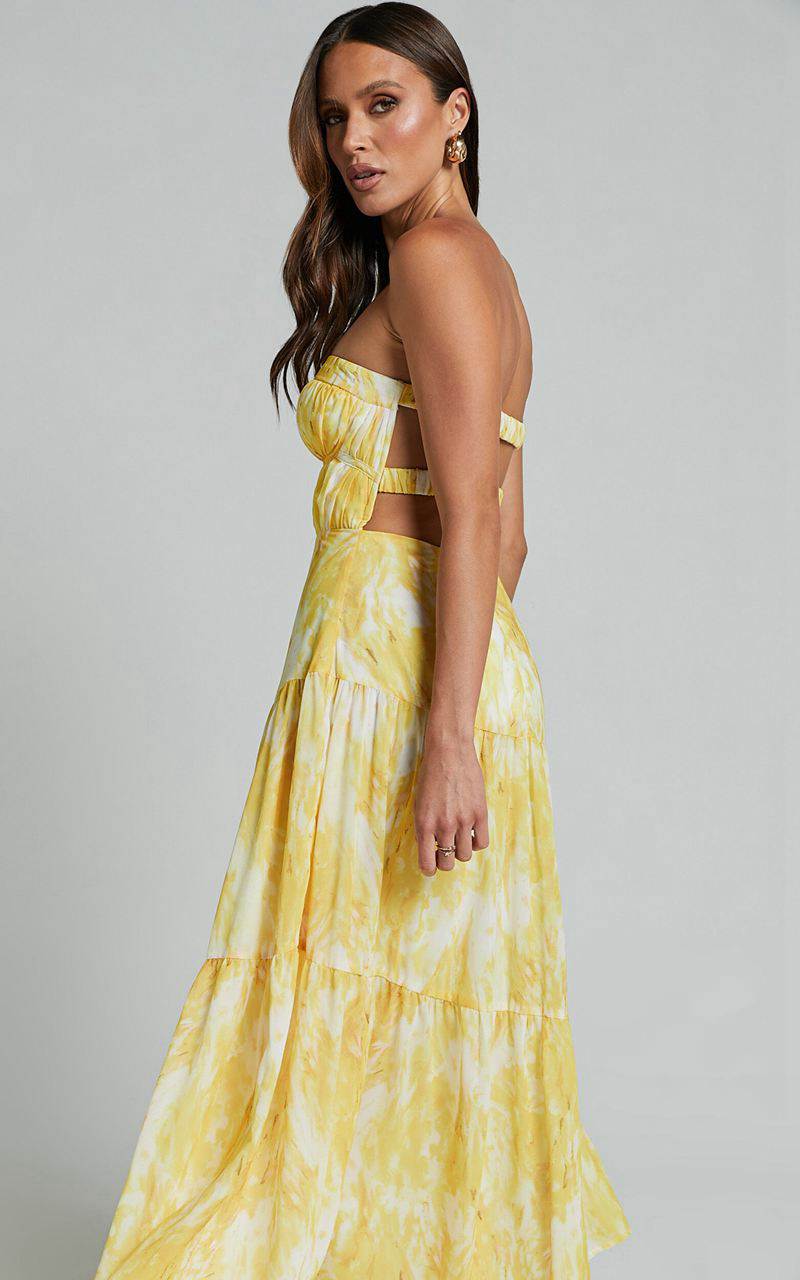 Showpo Cardelyn Midi Dress - Strapless Tiered Dress Yellow Floral | ULNCTI380