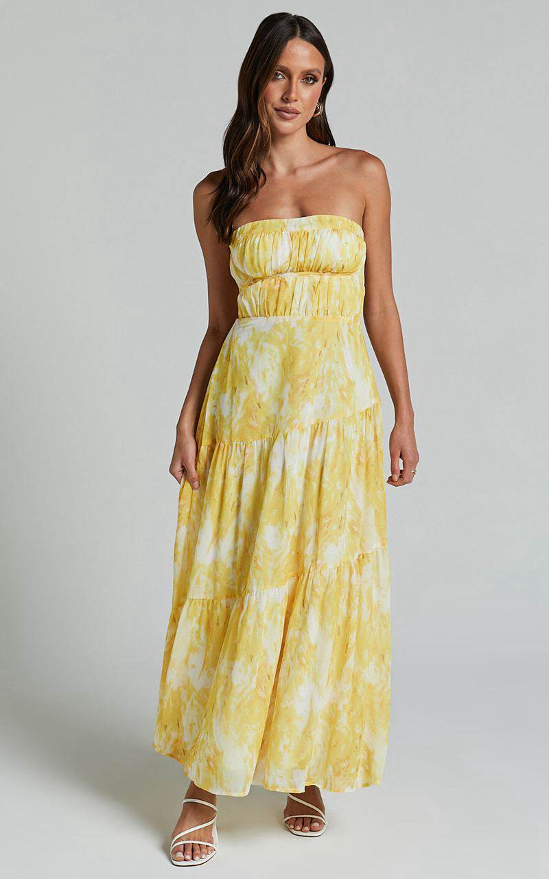 Showpo Cardelyn Midi Dress - Strapless Tiered Dress Yellow Floral | ULNCTI380