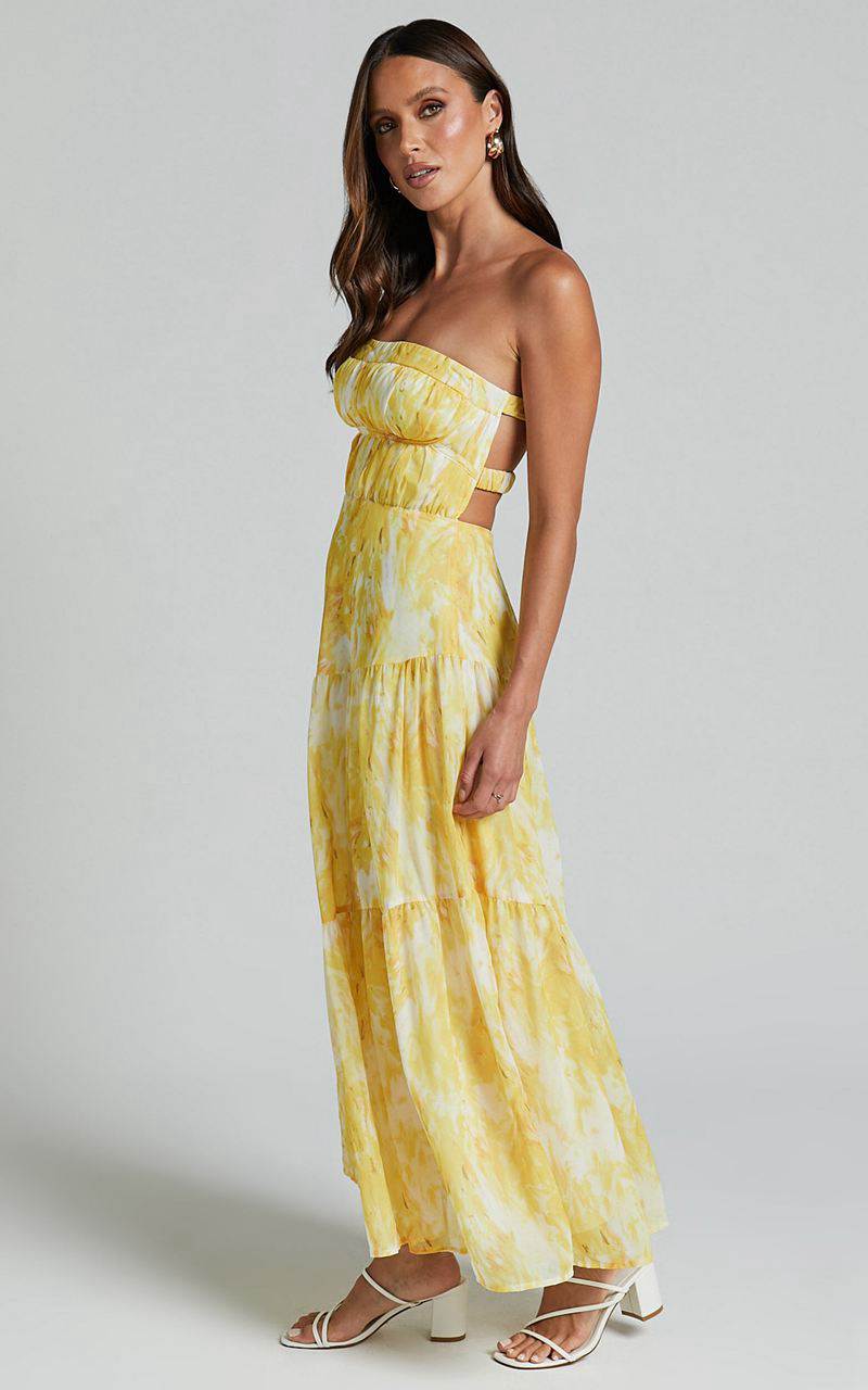 Showpo Cardelyn Midi Dress - Strapless Tiered Dress Yellow Floral | ULNCTI380