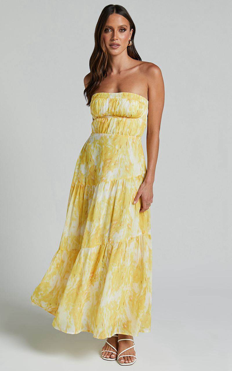 Showpo Cardelyn Midi Dress - Strapless Tiered Dress Yellow Floral | ULNCTI380