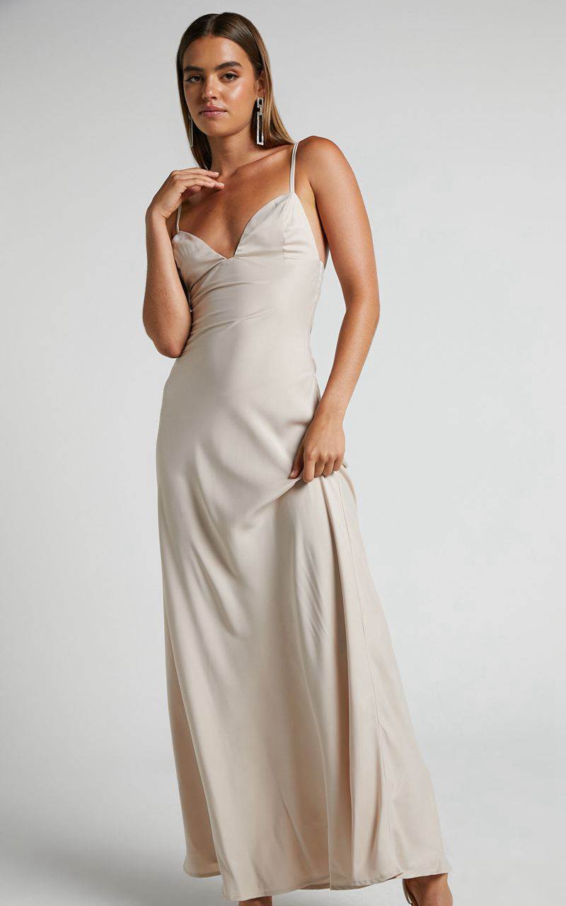 Showpo Cariela Midi Dress - Plunge Neck Satin Dress Champagne | APETKM264