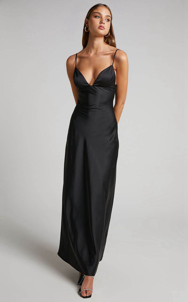 Showpo Cariela Midi Dress - Plunge Neck Satin Dress Black | OFUJVX093