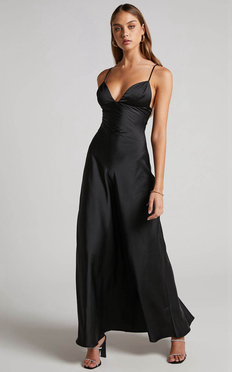 Showpo Cariela Midi Dress - Plunge Neck Satin Dress Black | OFUJVX093