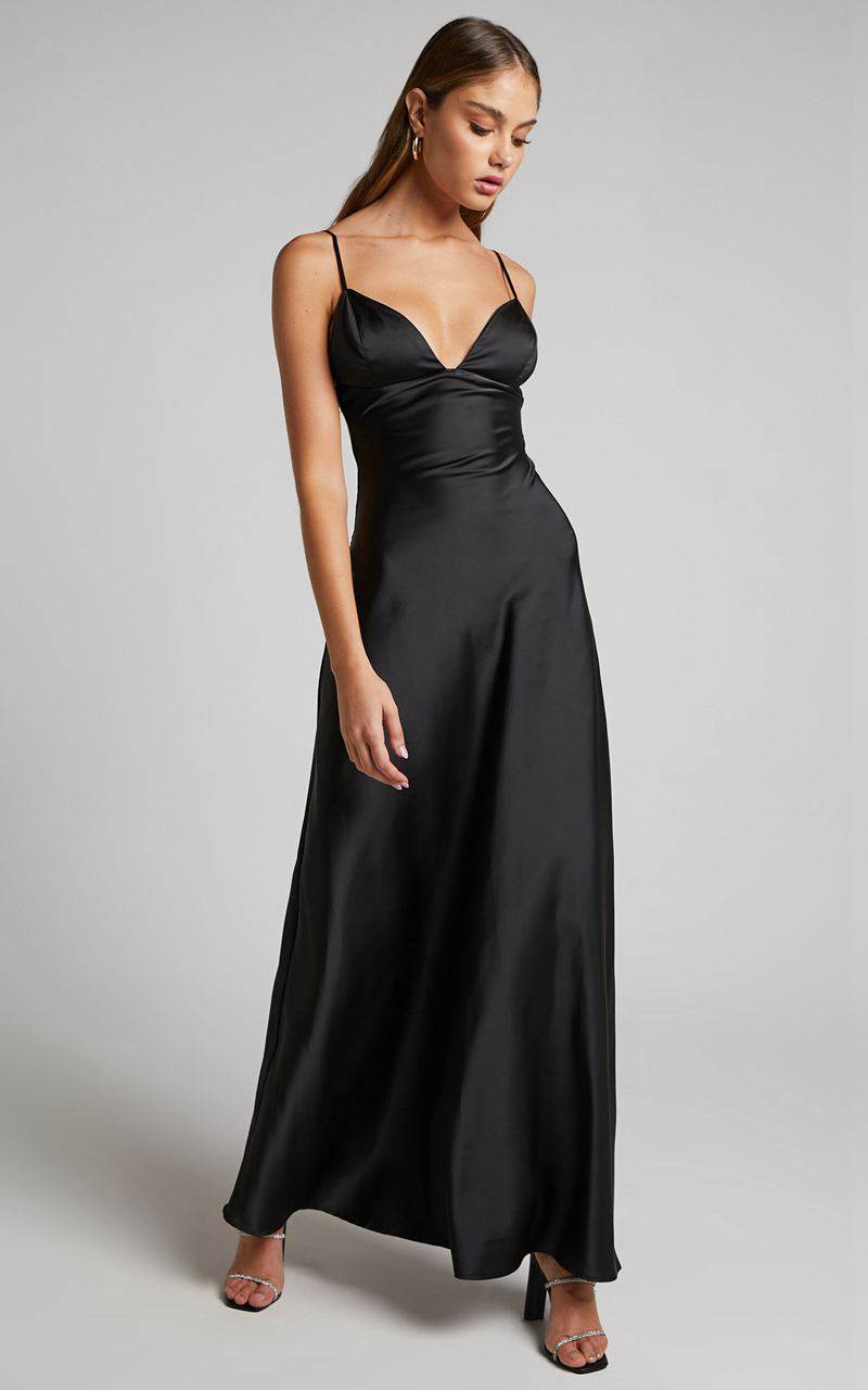 Showpo Cariela Midi Dress - Plunge Neck Satin Dress Black | OFUJVX093