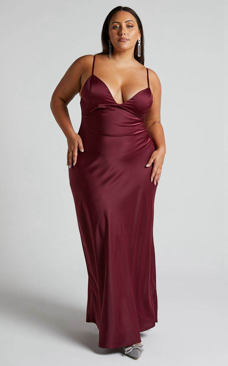 Showpo Cariela Midi Dress - Plunge Neck Satin Dress Wine | TWOQDU483