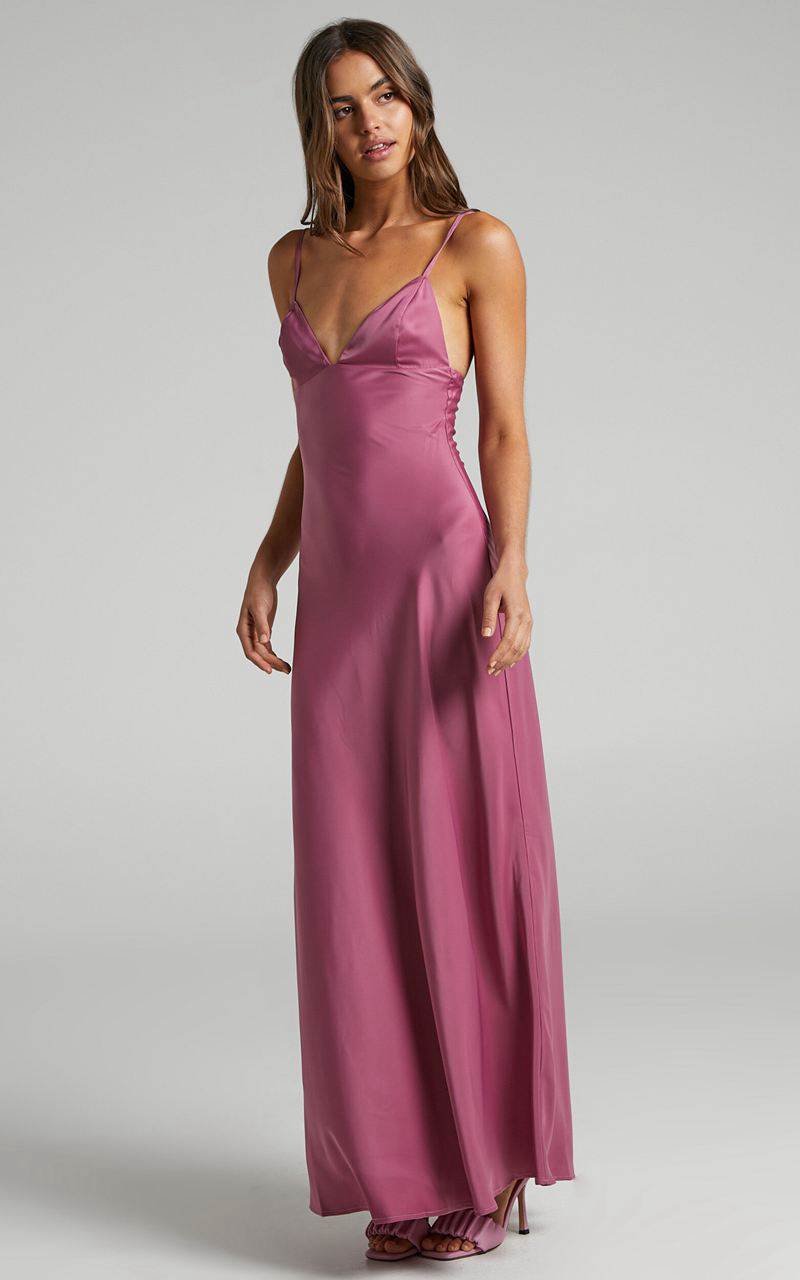 Showpo Cariela Midi Dress - Plunge Neck Satin Dress Orchid | RLCMZY576