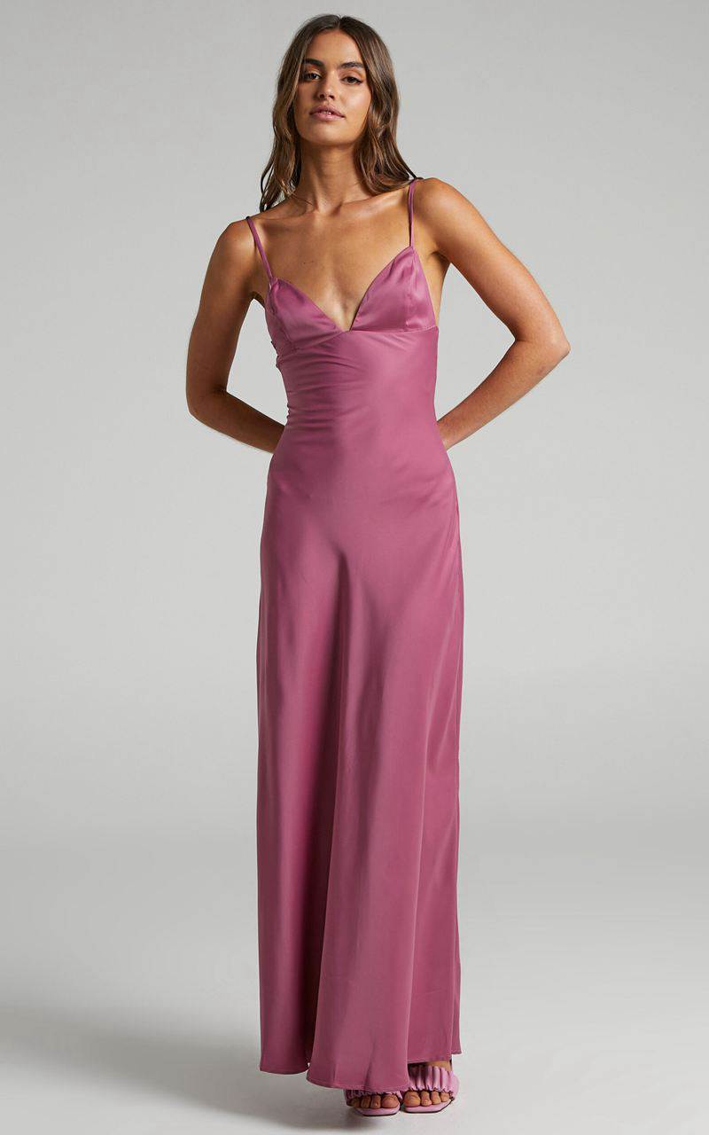 Showpo Cariela Midi Dress - Plunge Neck Satin Dress Orchid | RLCMZY576