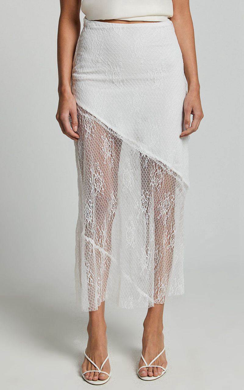 Showpo Carina Midi Skirt - Mid Waist Lace Asymmetrical Skirt Ivory | YOQUZE678