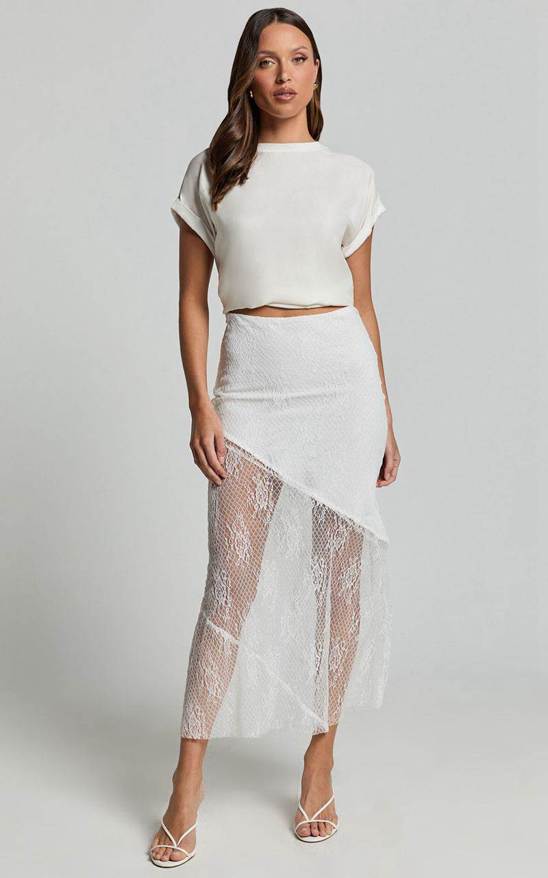 Showpo Carina Midi Skirt - Mid Waist Lace Asymmetrical Skirt Ivory | YOQUZE678