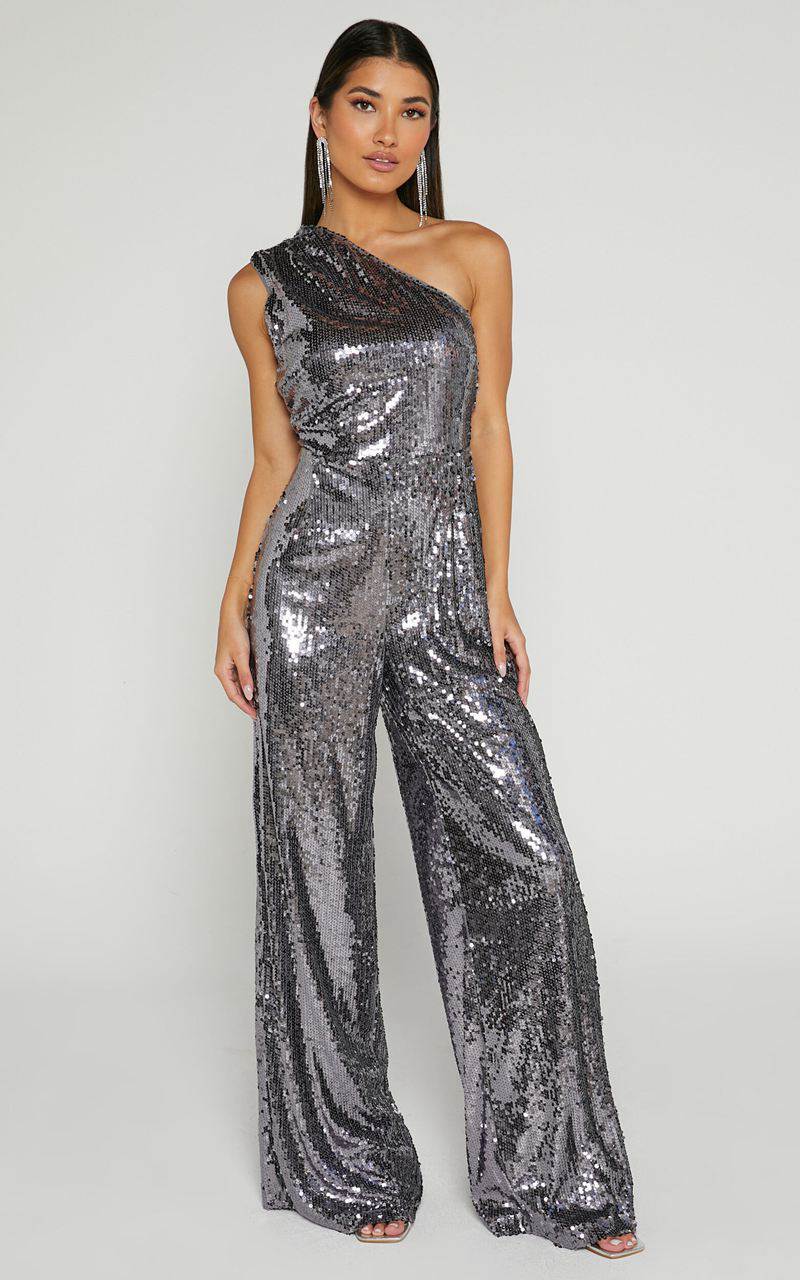 Showpo Carissa Jumpsuit - One Shoulder Sequin Jumpsuit Gunmetal | RJMGIE837