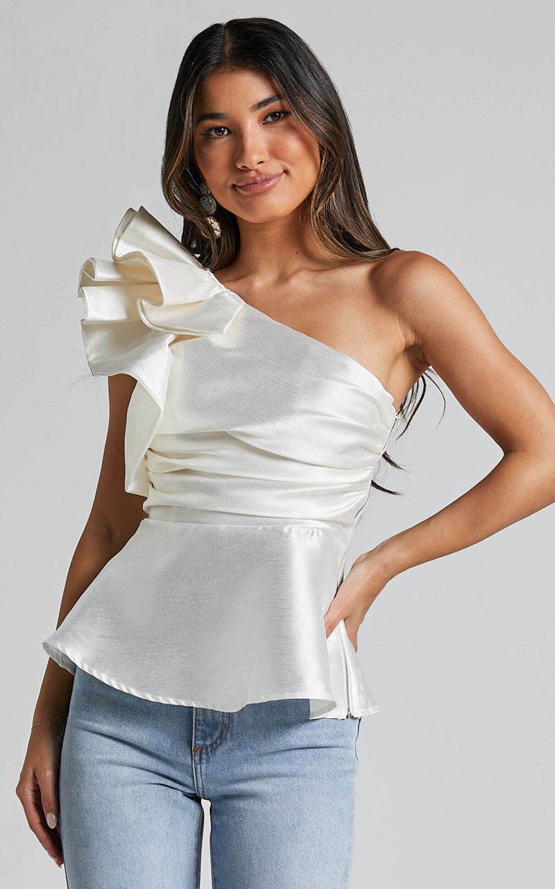 Showpo Carizza Top - One Shoulder Flounce Gathered Bodice Top White | KSJRFC486