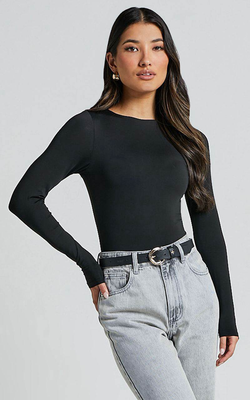 Showpo Carla Bodysuit - Long Sleeve Open Back Bodysuit Black | QSJNGC126