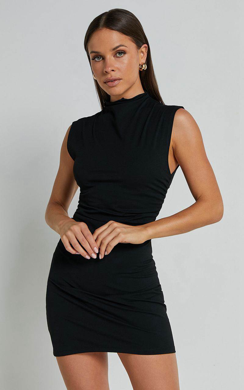 Showpo Carleigh Mini Dress - High Neck Ruched Bodycon Dress Black | EGOTRX804