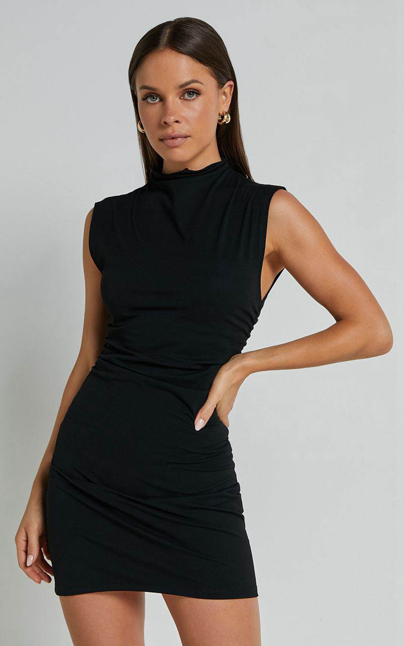 Showpo Carleigh Mini Dress - High Neck Ruched Bodycon Dress Black | EGOTRX804