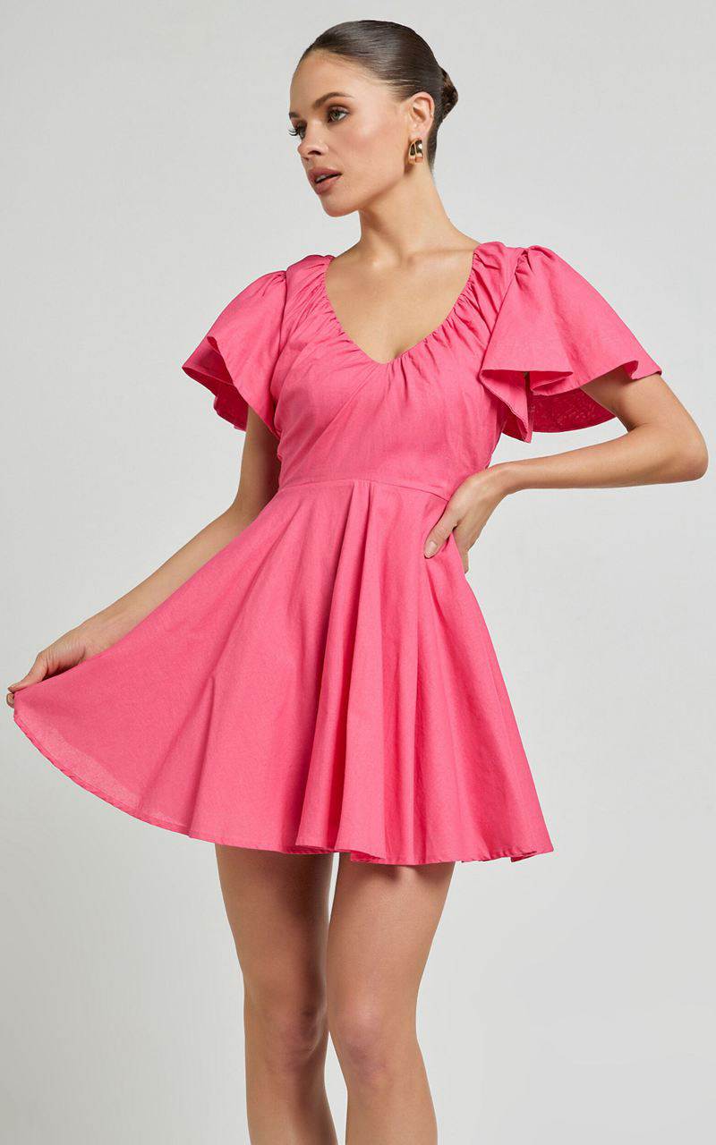 Showpo Carli Mini Dress - Linen Look Ruched Bodice Bell Sleeve Dress Pink | JVEFYL235