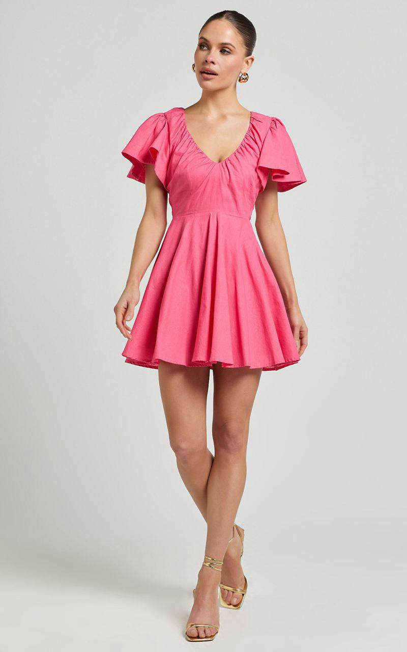 Showpo Carli Mini Dress - Linen Look Ruched Bodice Bell Sleeve Dress Pink | JVEFYL235