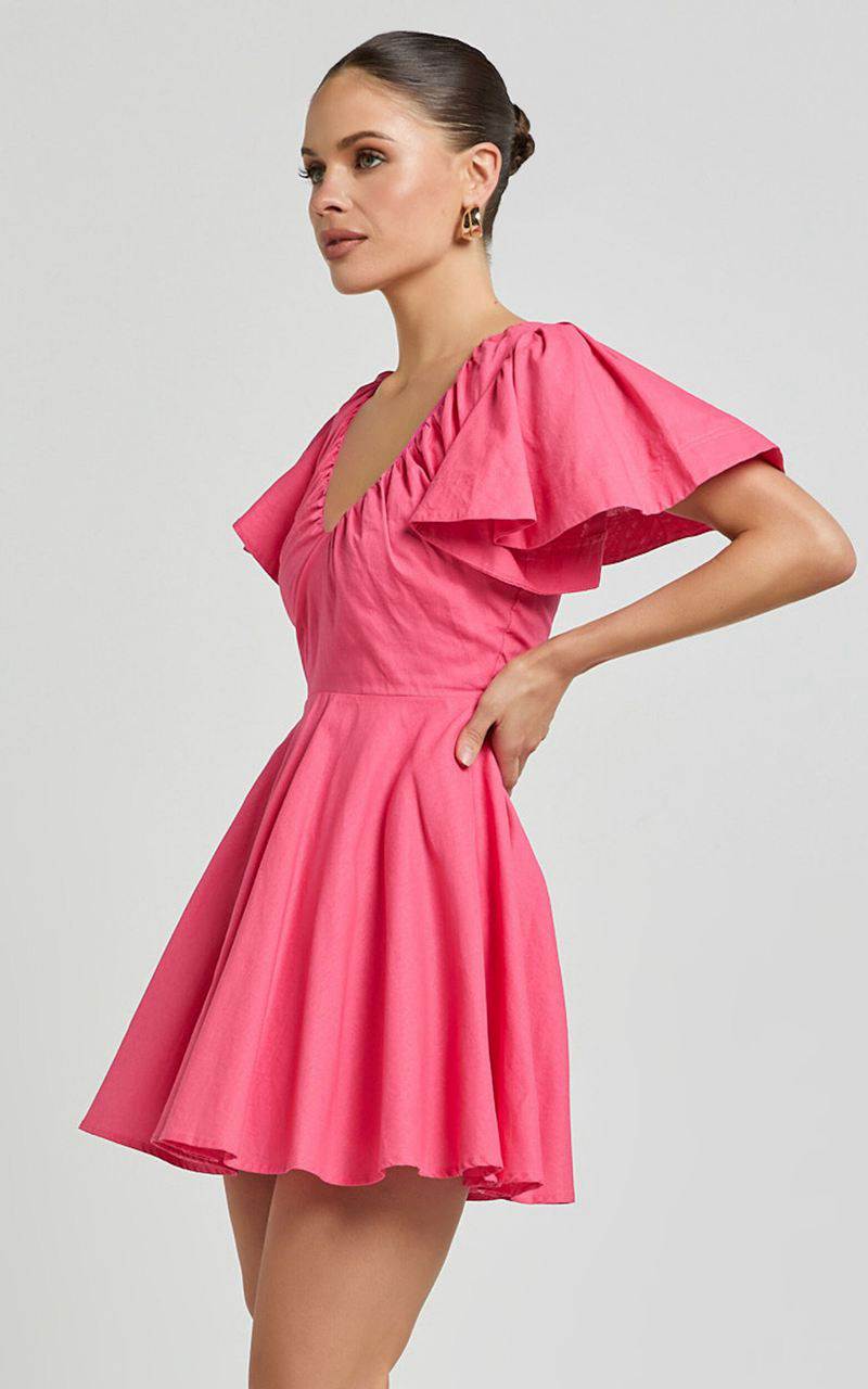 Showpo Carli Mini Dress - Linen Look Ruched Bodice Bell Sleeve Dress Pink | JVEFYL235