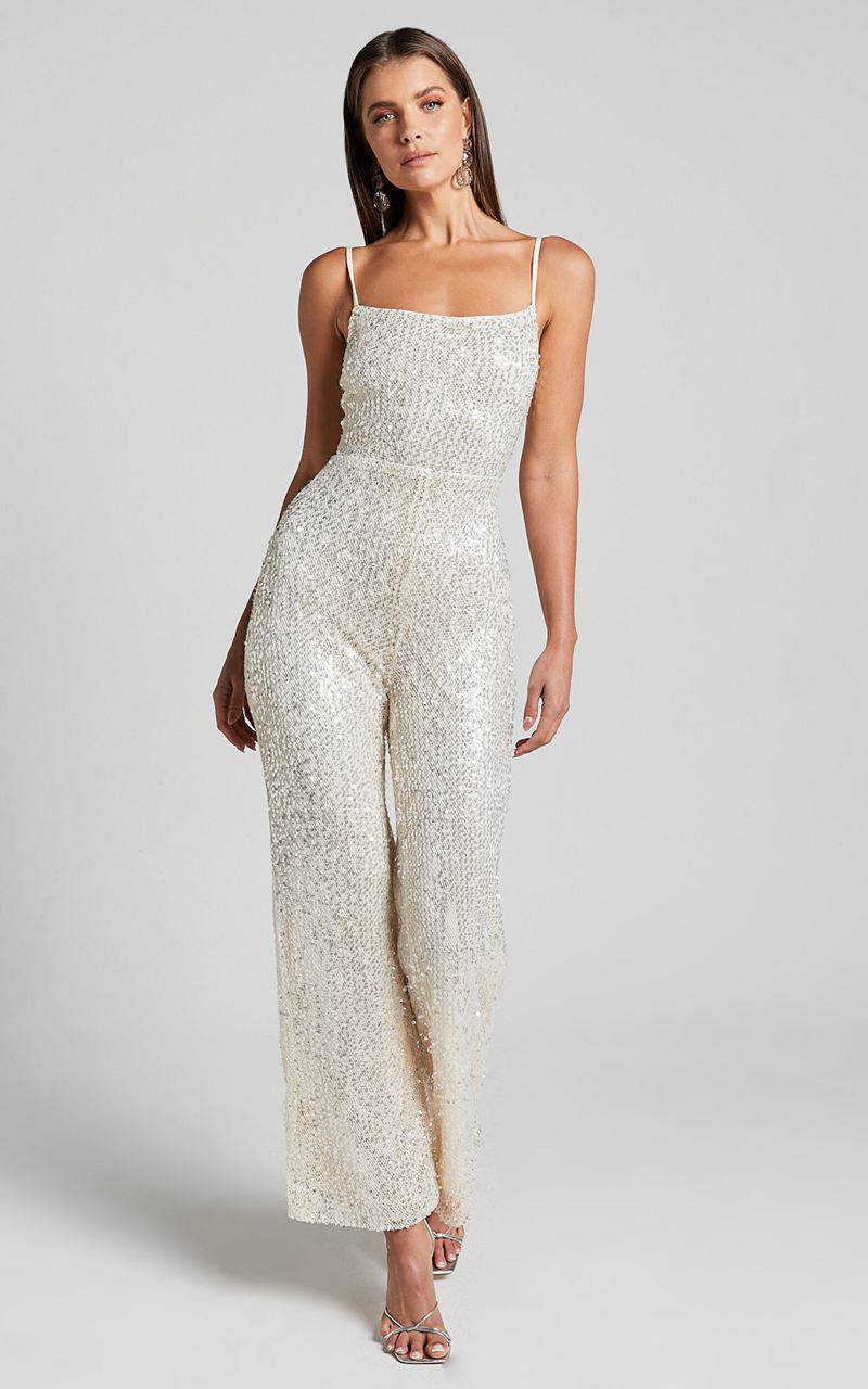 Showpo Carlie Jumpsuit - Straight Neck Strappy Sequin Champagne | FWMEAC583