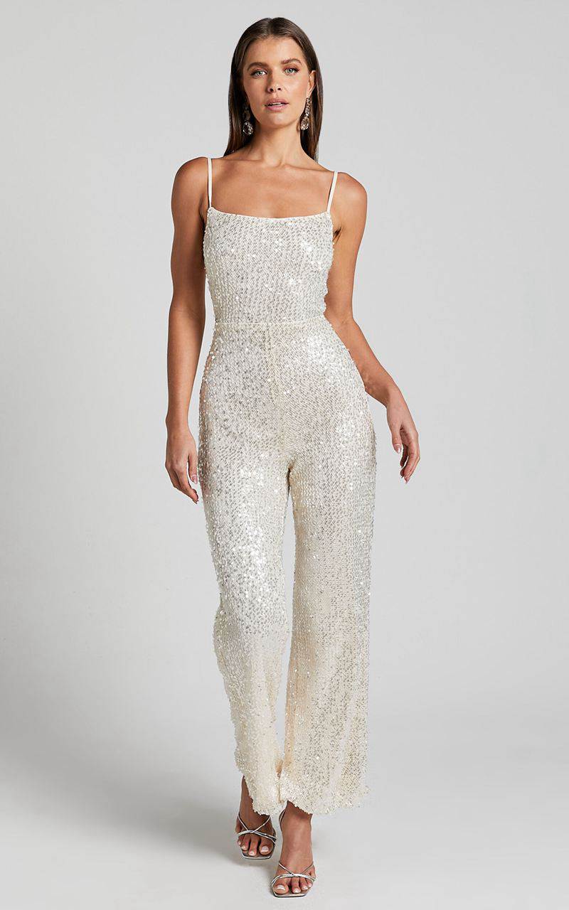 Showpo Carlie Jumpsuit - Straight Neck Strappy Sequin Champagne | FWMEAC583