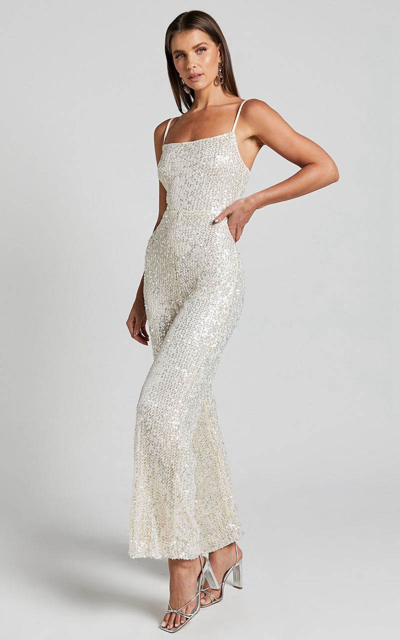 Showpo Carlie Jumpsuit - Straight Neck Strappy Sequin Champagne | FWMEAC583