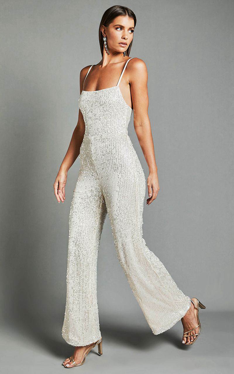 Showpo Carlie Jumpsuit - Straight Neck Strappy Sequin Champagne | FWMEAC583