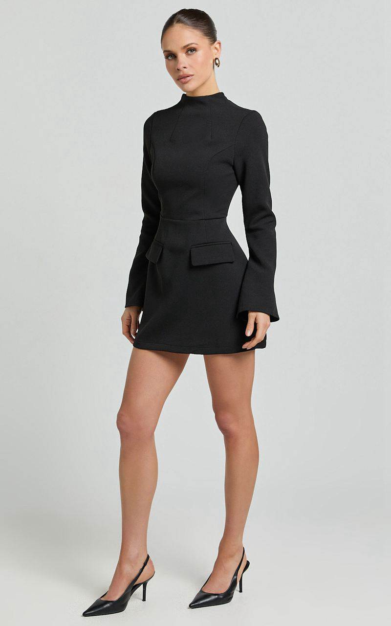 Showpo Carlson Mini Dress - High Neck Sleeve Cocoon Skirt Dress Black | RGETSY623