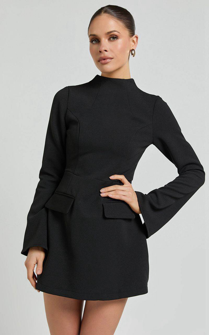 Showpo Carlson Mini Dress - High Neck Sleeve Cocoon Skirt Dress Black | RGETSY623