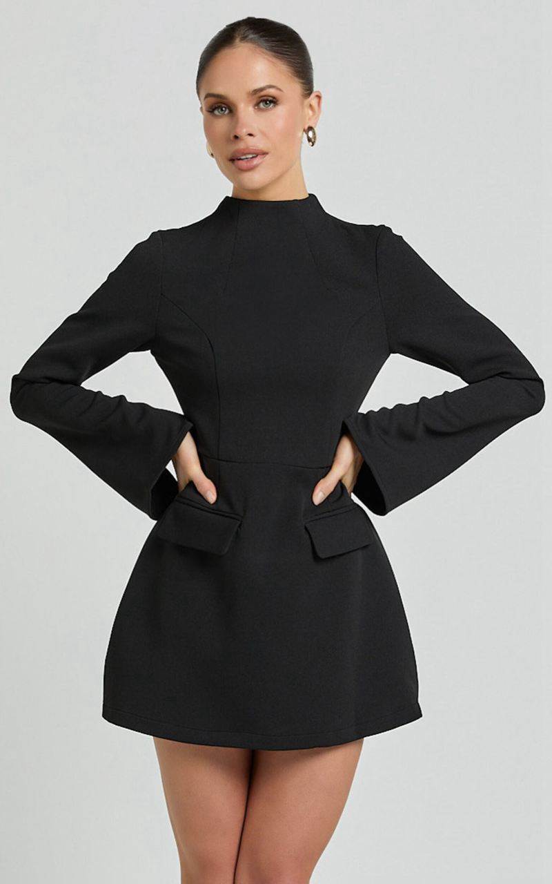 Showpo Carlson Mini Dress - High Neck Sleeve Cocoon Skirt Dress Black | RGETSY623