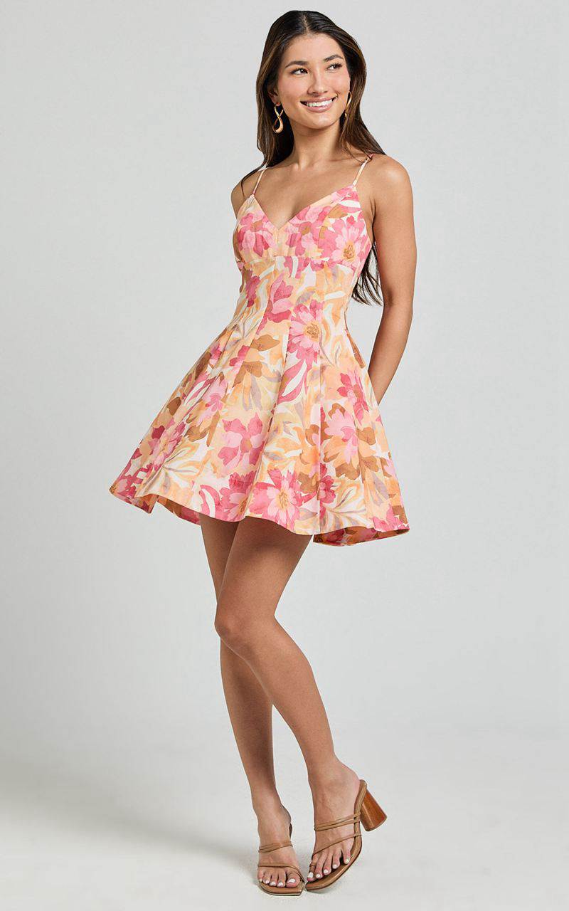 Showpo Carly Mini Dress - Strappy Bust A Line Dress Sorbet Bloom Print | FZXEQN371