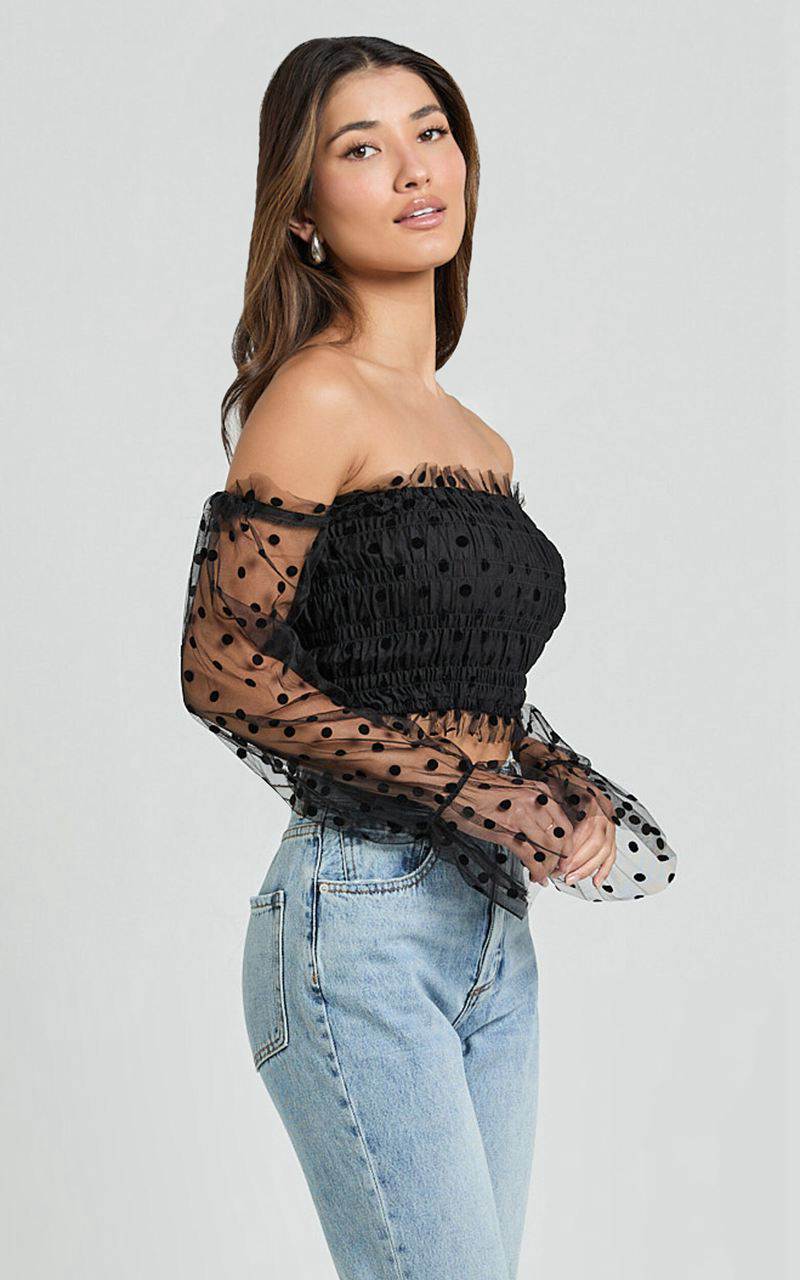 Showpo Carly Top - Long Sleeve Off Shoulder Tulle Top Black | DVGIQO173