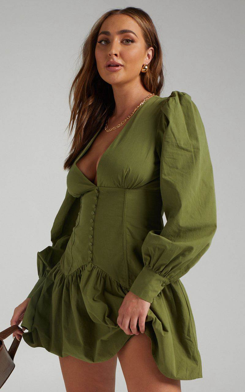 Showpo Carlyle Mini Dress - Long Sleeve Corset Dress Khaki | JUCNMA981