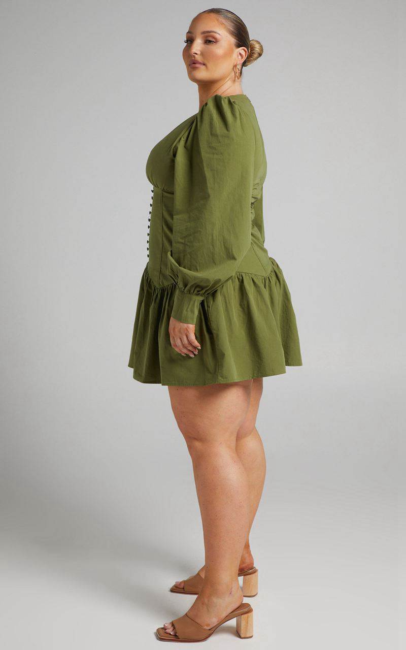 Showpo Carlyle Mini Dress - Long Sleeve Corset Dress Khaki | JUCNMA981