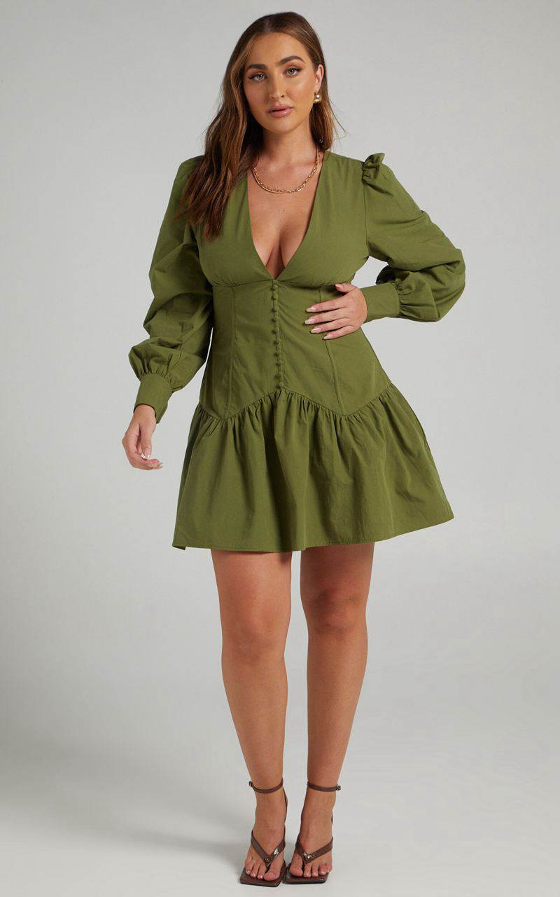 Showpo Carlyle Mini Dress - Long Sleeve Corset Dress Khaki | JUCNMA981