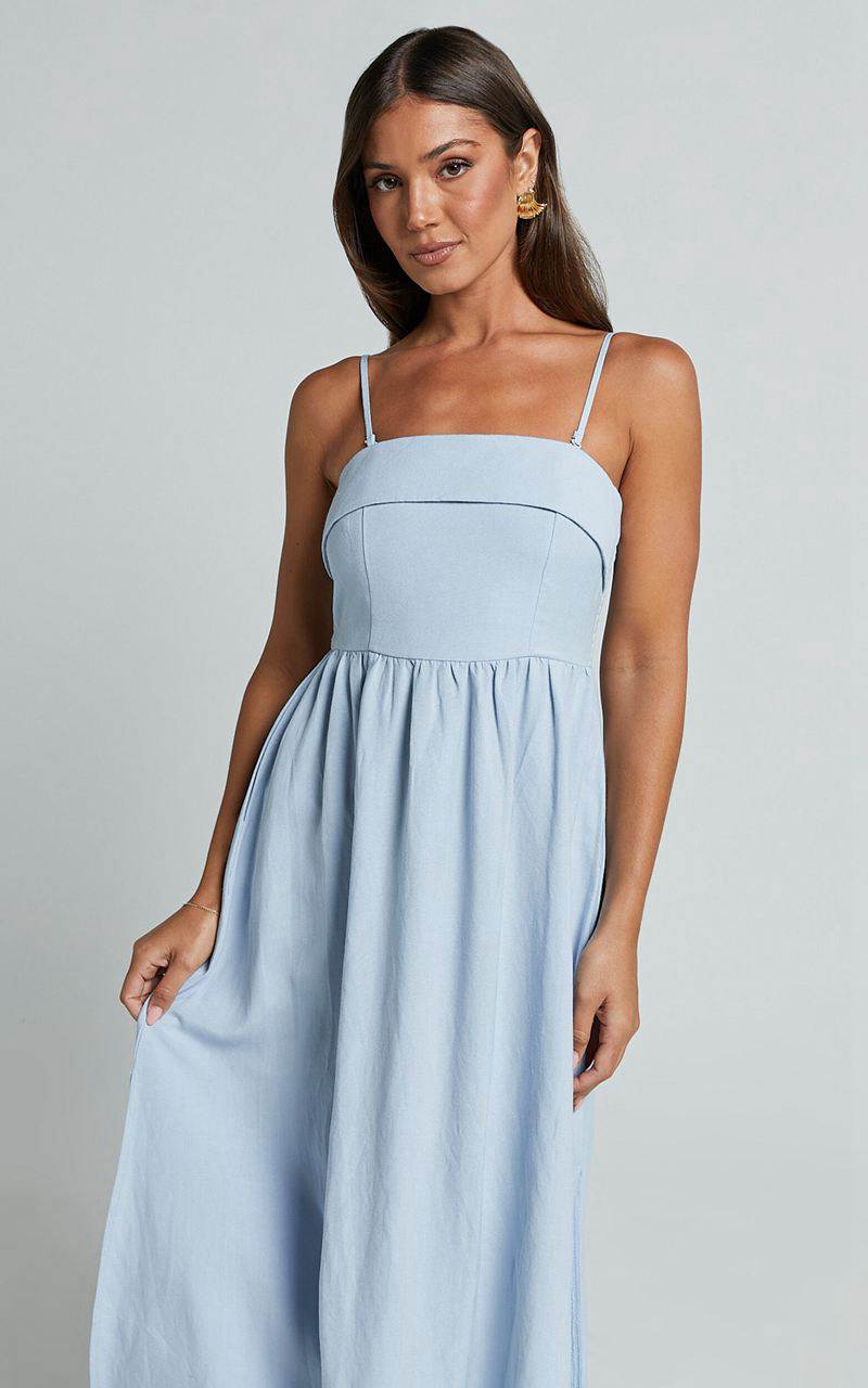 Showpo Carlyn Midi Dress - Linen Look Detachable Straps Blue | CKHJIY421