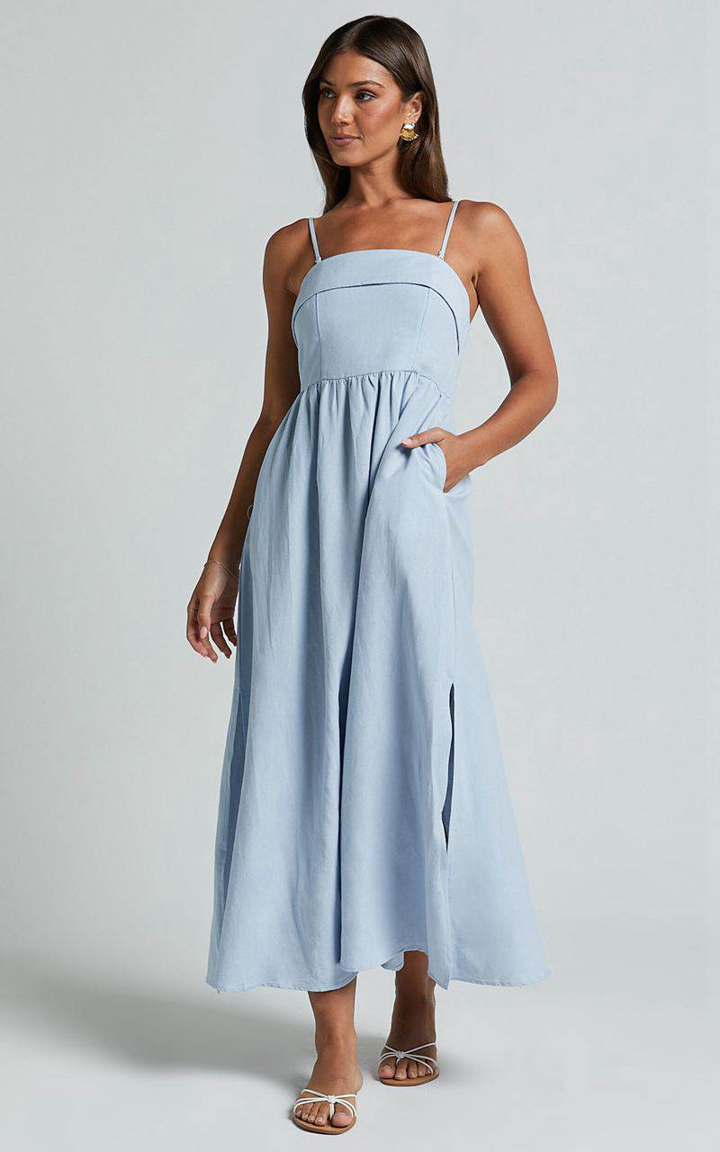 Showpo Carlyn Midi Dress - Linen Look Detachable Straps Blue | CKHJIY421