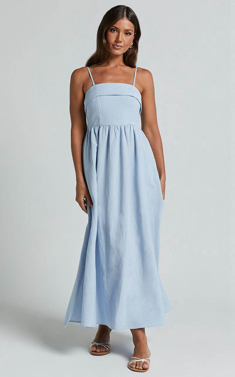 Showpo Carlyn Midi Dress - Linen Look Detachable Straps Blue | CKHJIY421